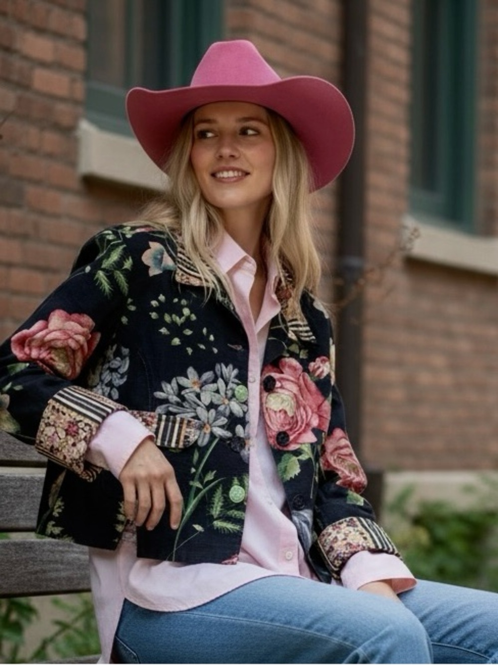 My Boyfriend’s Back Vintage Black-Pink Cotton Floral  Cropped Blazer Jacket